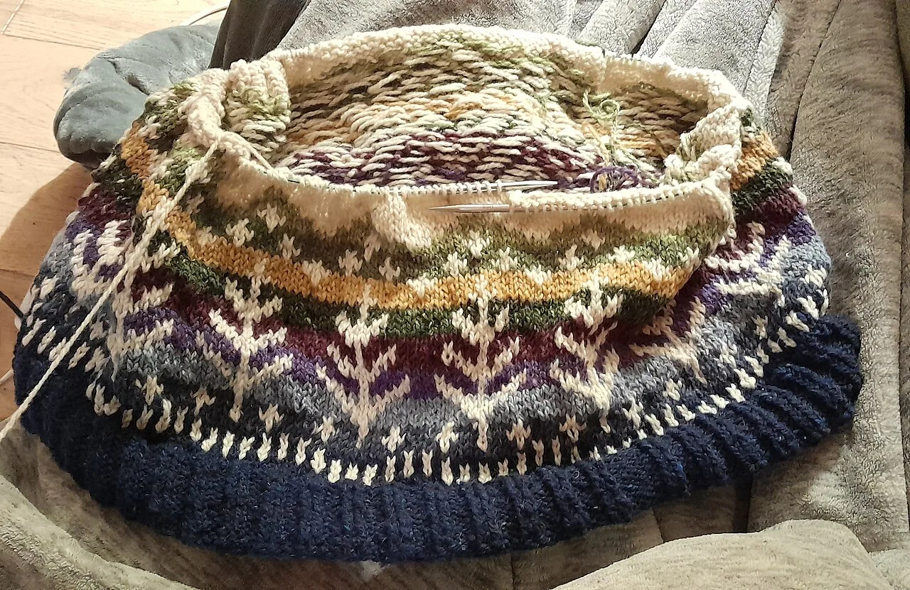 A stranded colorwork sweater in progress