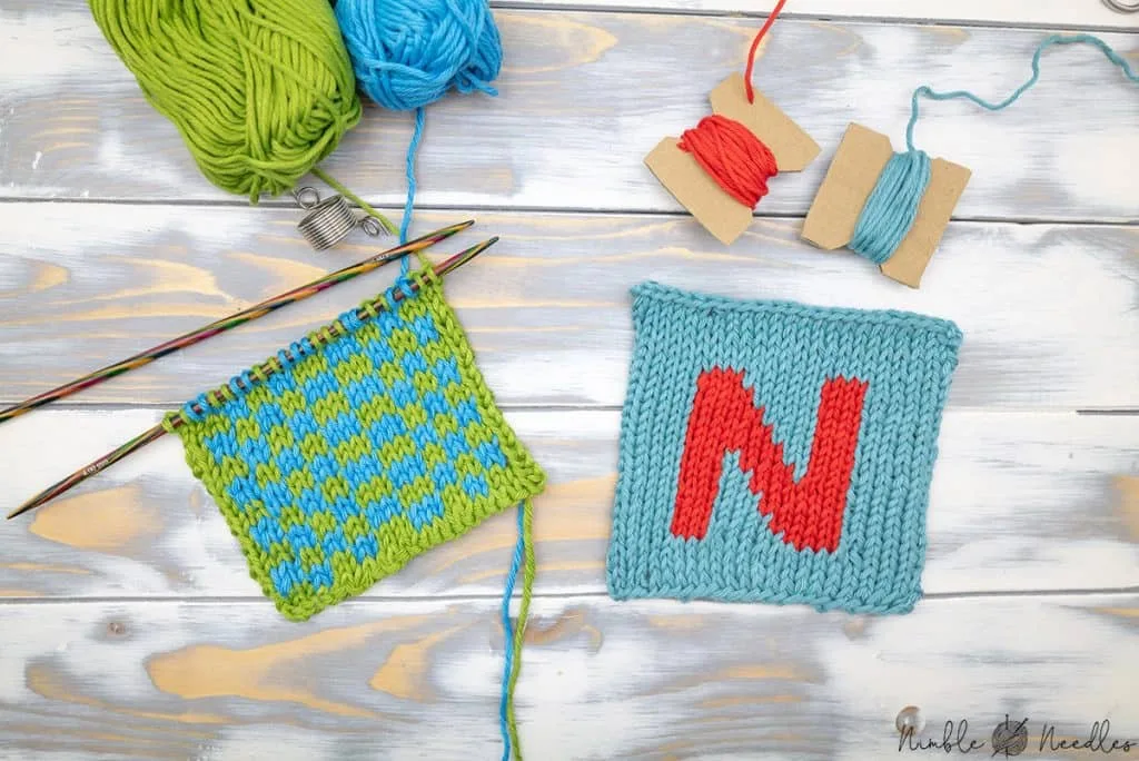 A stranded colorwork swatch next to an intarsia swatch