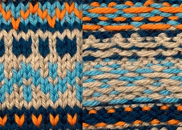 The front and back of stranded colorwork, showing the floats
