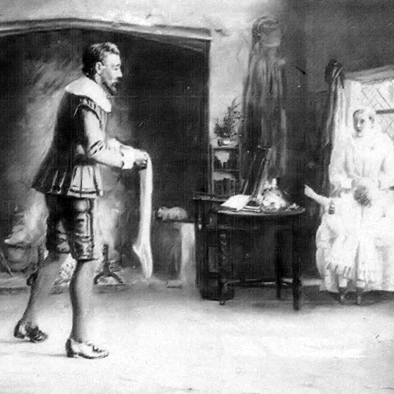 Depiction of William Lee with a knitted stocking